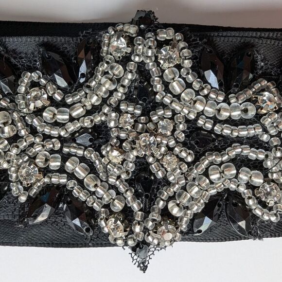 Embroidered satin Ribbon wraparound belt  black with stones, works for any size - Picture 3 of 4